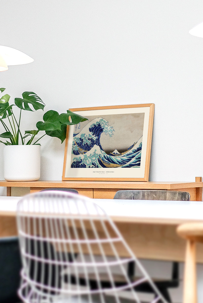 夕日 油彩画 木製フレーム付き 約48cm x 38cm Katsushika Hokusai - The great wave | PSTR studio